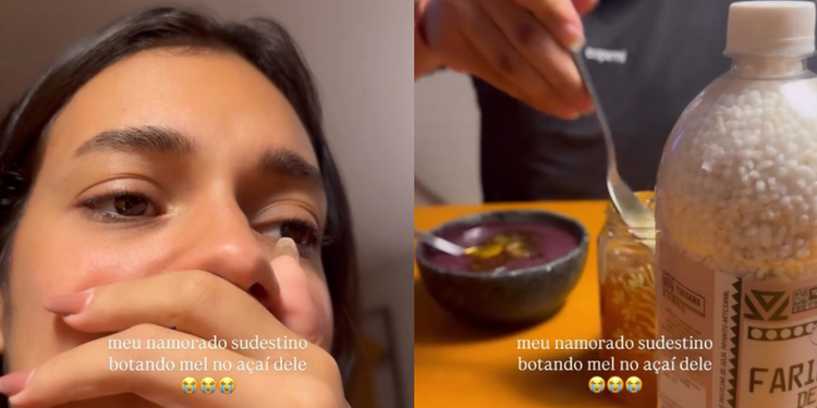 Alane Dias reage a namorado Francisco Gil colocando mel no açaí