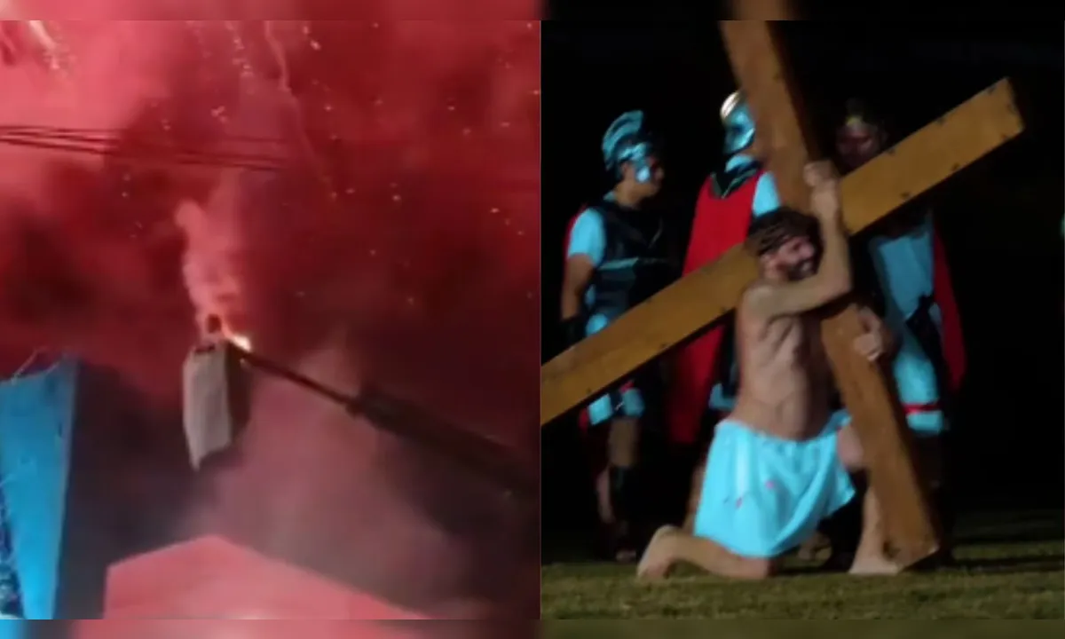 Figurino de Henri Castelli pega fogo durante encenação da Paixão de Cristo