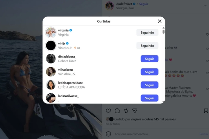 Vini Jr. curte foto de Duda Freire, amiga de Virginia, e interação repercute