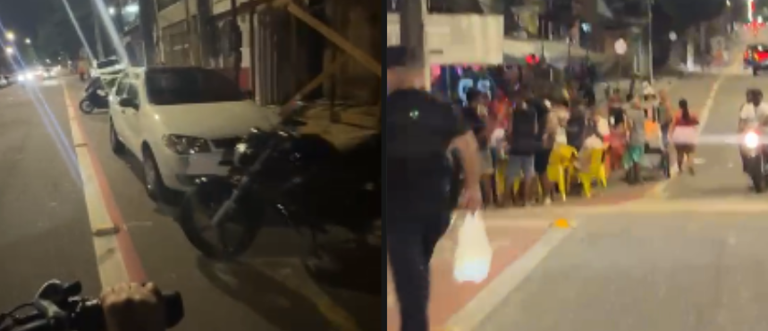 Carros e mesas de bar ocupam ciclofaixa na Travessa Vileta, em Belém